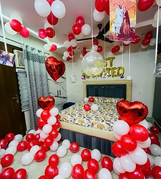red & white balloon decoration for just married