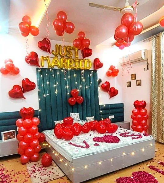 Red heart & rose petals room decoration