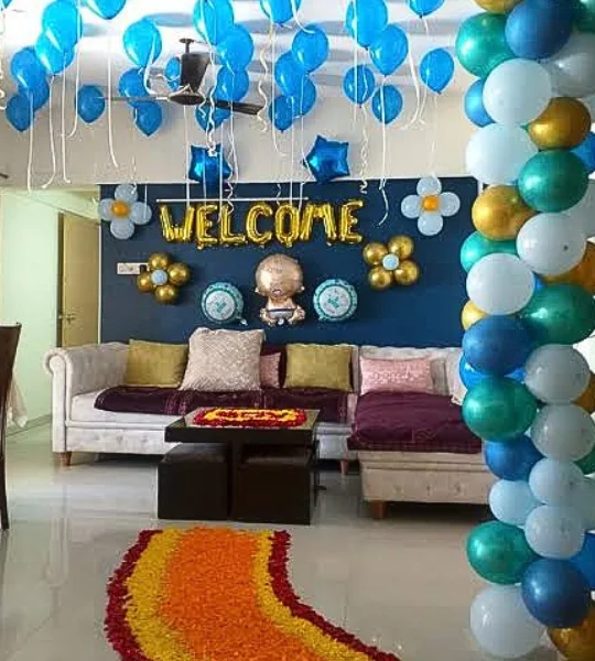 welcome baby flower and balloon decoration