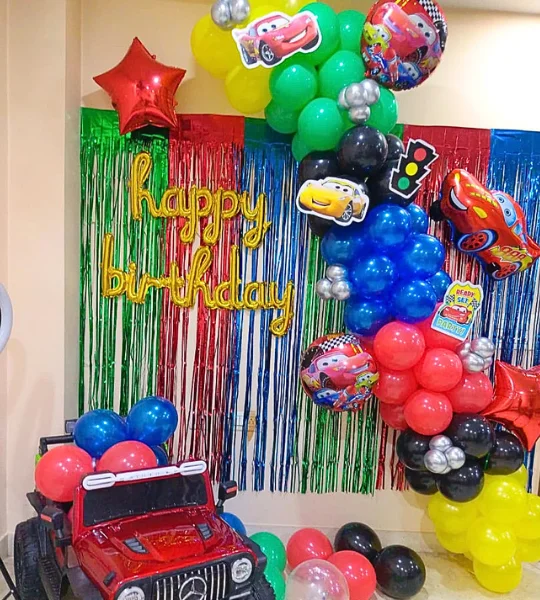 balloon arch car theme birthday decoration in Ghaziabad